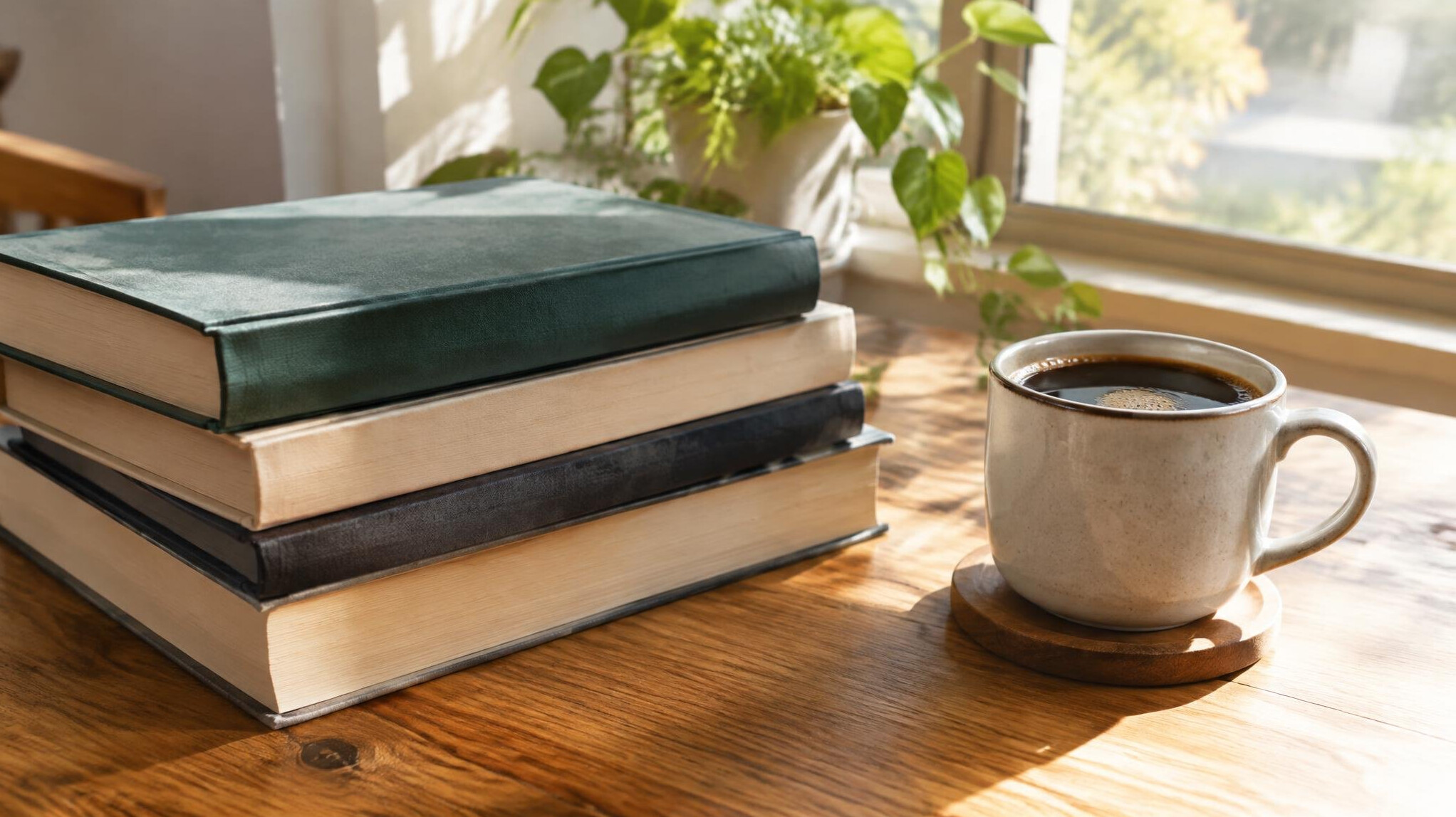 Stack of books and a cup of coffee