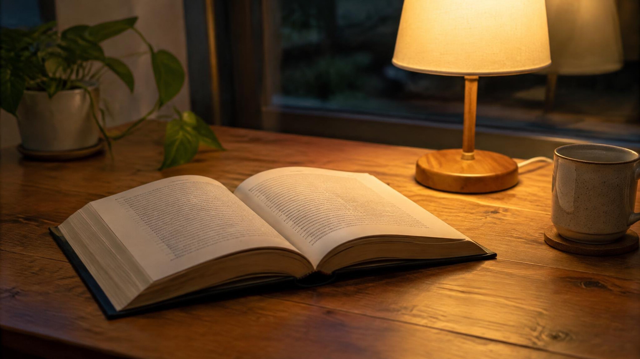 Open book on a table with reading lamp