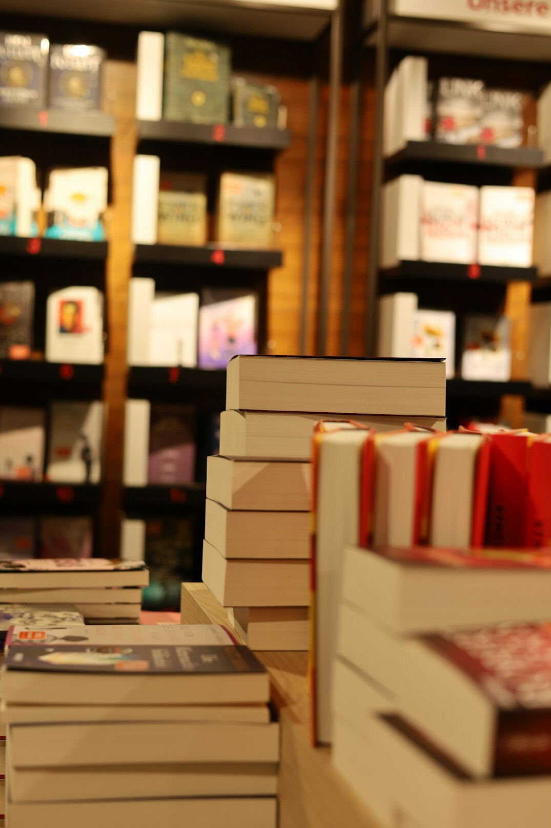 Rows of books on library shelves