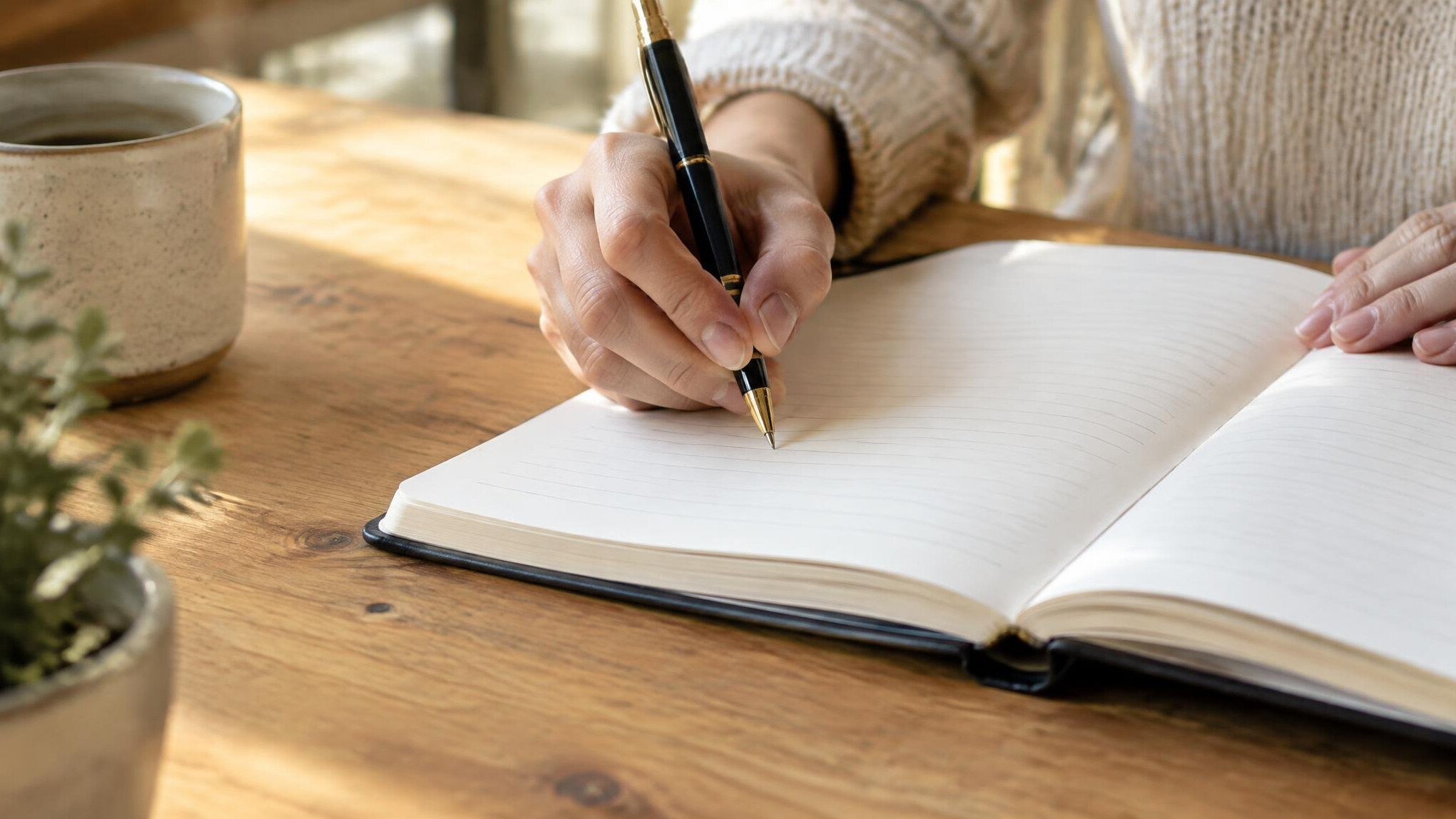 Hand writing in a notebook with a pen