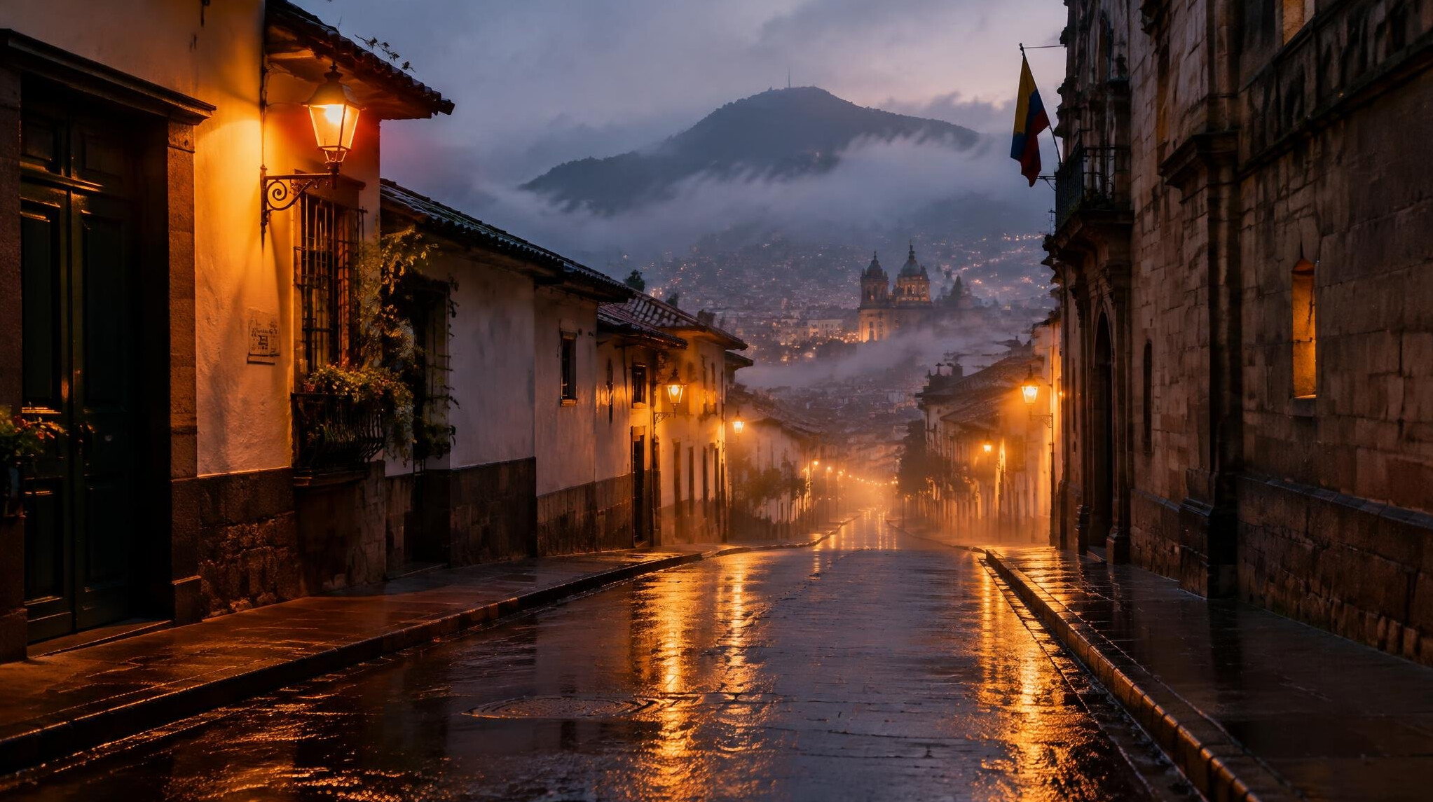 Foggy city street at dusk with warm lights