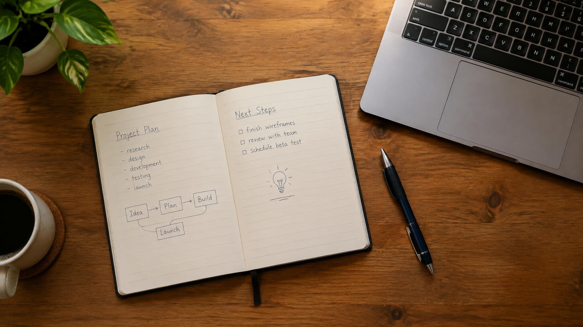 Notebook, pen and laptop on a wooden desk