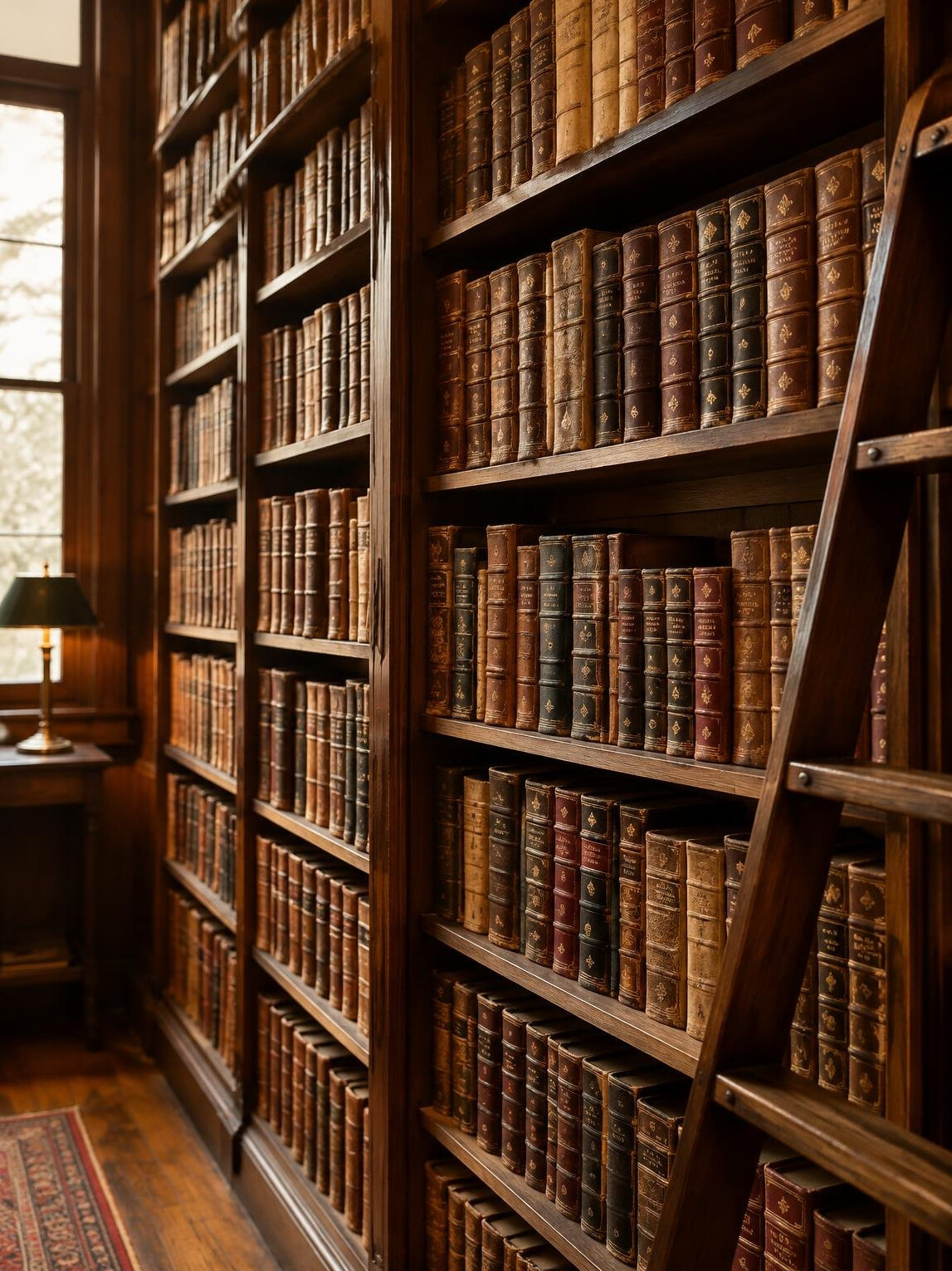Tall library shelves full of old books